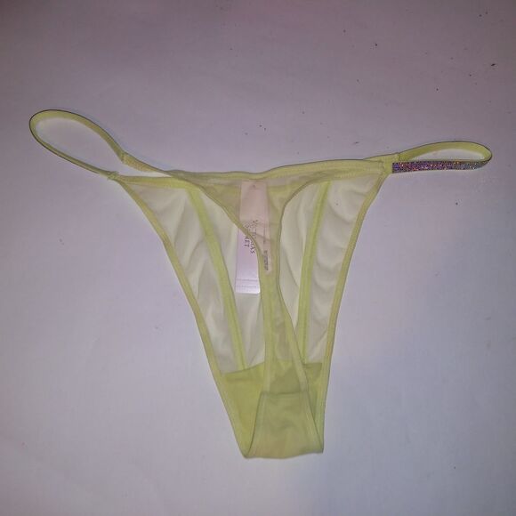 Victoria Secret Panty XL Thong Yellow Sheer Shine Strap Very Sexy New - Picture 7 of 11